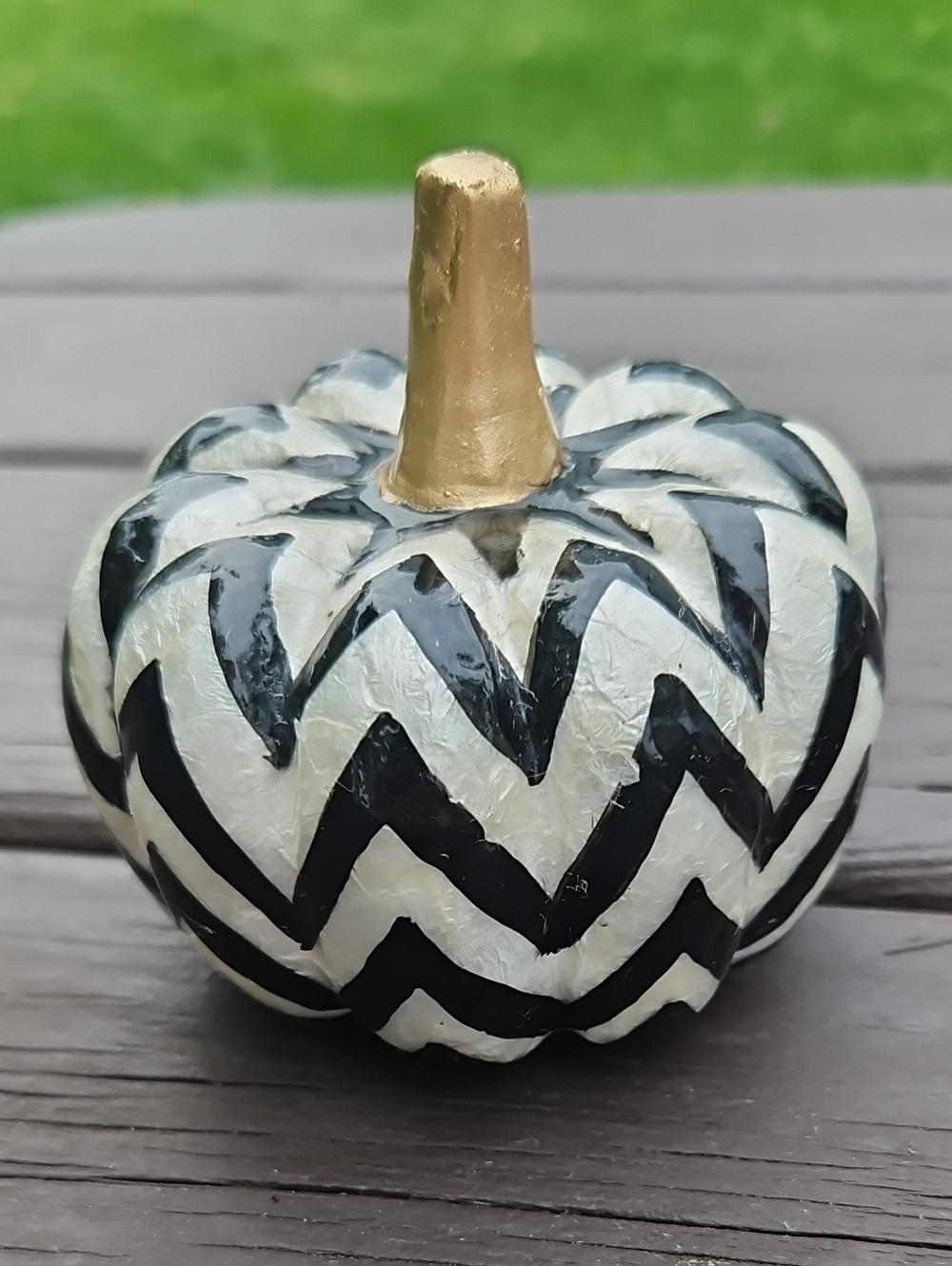 Decorative Black and White Chevron Capiz Pumpkin w/ Gold Stem - Home Art Accent